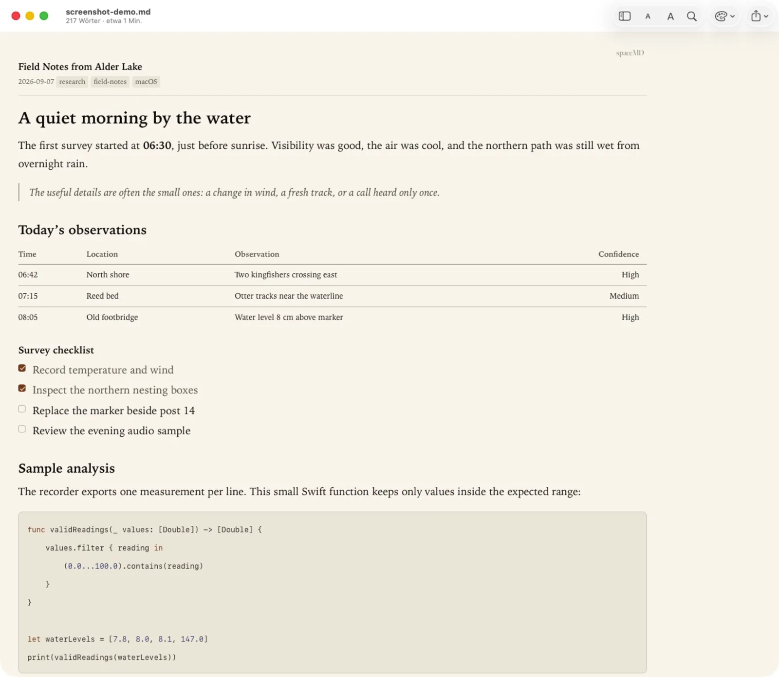 The spaceMD viewer showing the same field notes document, with heading, table, task list and Swift code block. Theme: Newspaper.