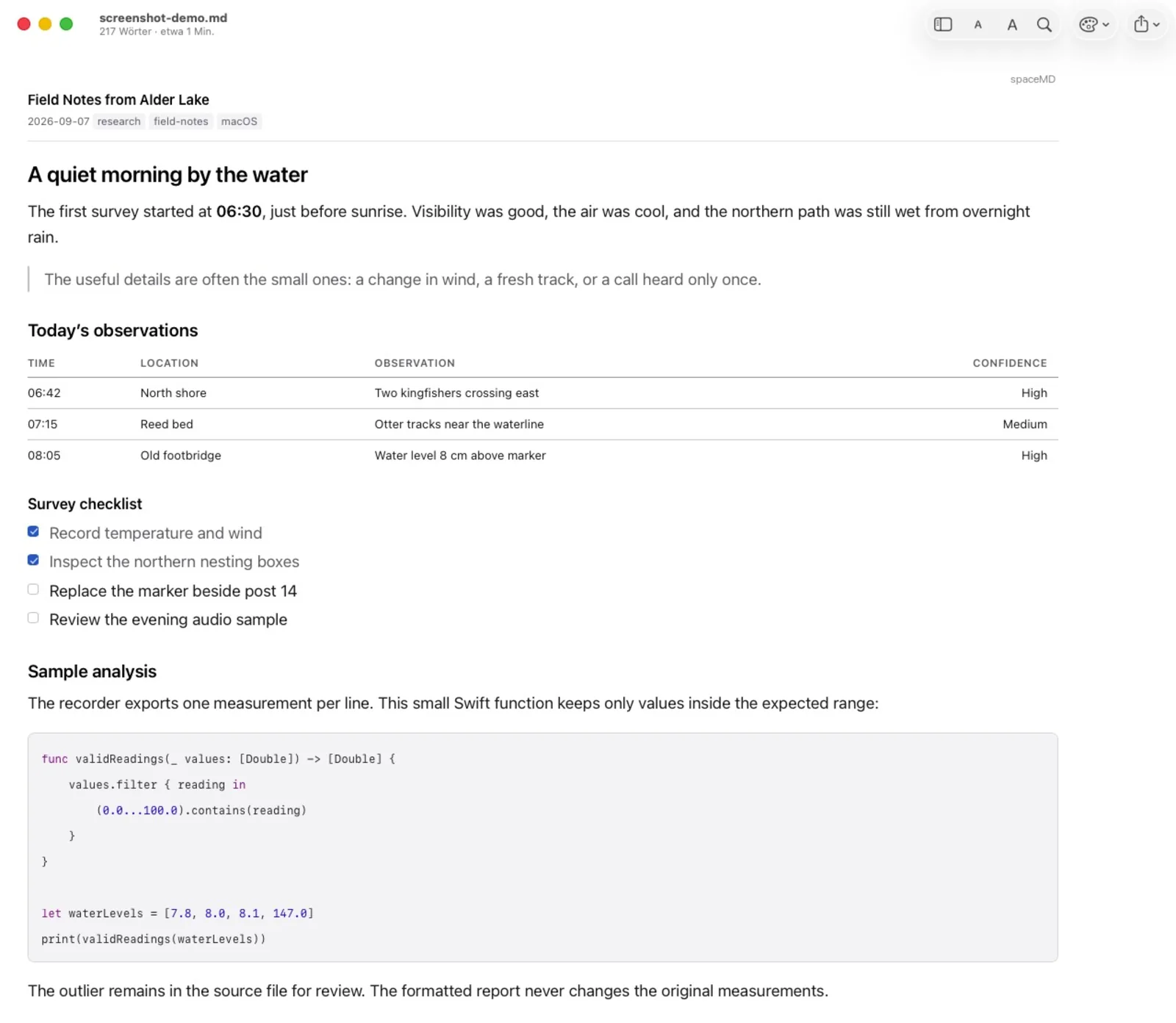 The spaceMD viewer showing the same field notes document, with heading, table, task list and Swift code block. Theme: System.