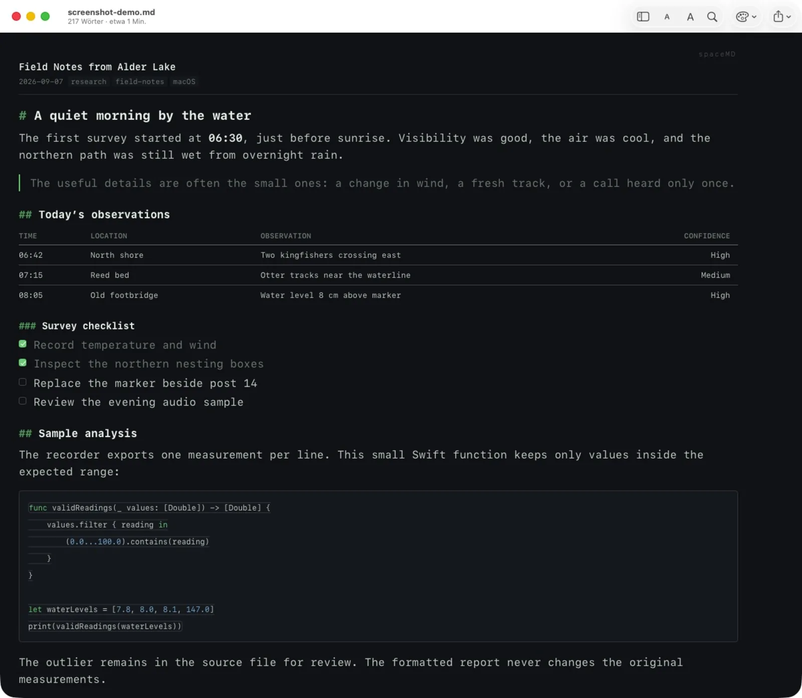 The spaceMD viewer showing the same field notes document, with heading, table, task list and Swift code block. Theme: Terminal.